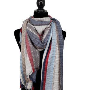 Womens Shawl Wrap Blue Multicolor Stripe Woven Heavyweight with Fringe XL